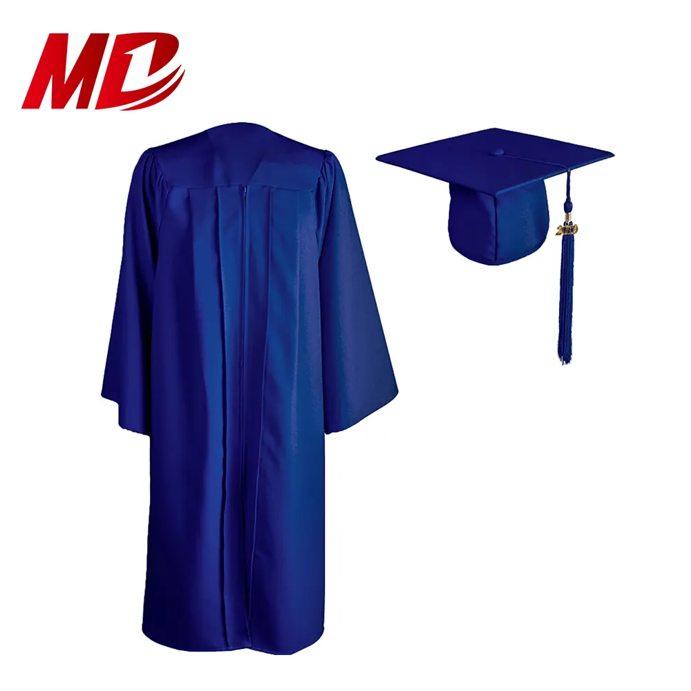 Casquette et robe de graduation personnalisées Matte University Royal Blue Toga avec charme d'année