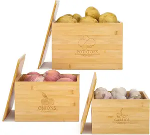 Ensemble de boîtes de rangement pour pommes de terre et oignons, 3 pièces, stockage de pommes de terre et légumes, en bambou, pour le comptoir de la cuisine