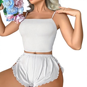 Women <b>2</b>-<b>Piece</b> Breathable Sexy Knitted Lounge <b>Set</b> Sleeveless Crop Top Elastic Waist Shorts Solid <b>White</b> Summer Casual Wear Front - Product Image 5