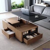 Table basse moderne nordique en noyer durable avec rangement multi-compartiments dissimulé, tiroir à lattes noir pliable, personnalisable pour salon