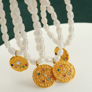 Collier Bingxin élégant de style français, plaqué or véritable 18 carats, avec pendentif boussole zodiacale et perles naturelles d'eau douce, idéal comme cadeau - Product Image 1