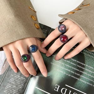 Vintage Jewelry Eco-friendly Copper Oval Cut 10*12MM Red Zircon Black Gold Plated Statement Adjustable <b>Rings</b> for Women - Product Image 6