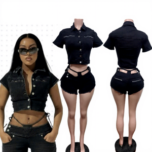 Completo Set <span class=keywords><strong>Jeans</strong></span> Donna 2026: Top Corto in Denim Sexy e Alla Moda + Shorts - Completo Due Pezzi Streetwear in Denim per Donna - Product Image 1