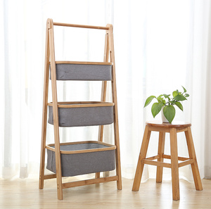 Cesto <span class=keywords><strong>in</strong></span> Bambù Naturale con <span class=keywords><strong>Tessuto</strong></span>, Ecologico e Durevole. Design Pieghevole Salvaspazio, Scaffale a Tre Livelli - Product Image 1