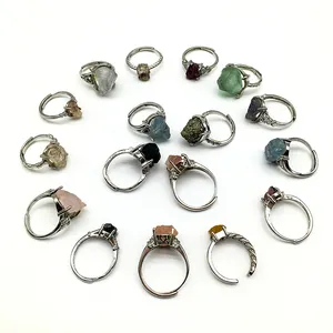 Wholesale natural crystal raw gemstone rings mixed materials rose quartz natural rough Amethyst rings jewelry for sale