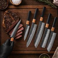 Ensemble de 6 couteaux de cuisine en acier Damas martelé Tsuchime, manche octogonal en bois d'ébène, avec virole en bois de ronce.