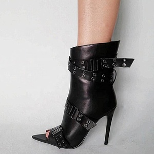 Bottes courtes sexy pour femme à talons aiguilles, grande taille 44, sandales d'été à bout ouvert, avec boucles de ceinture - Product Image 4