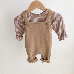 Mono de una pieza para bebé recién <span class=keywords><strong>nacido</strong></span> con tirantes, botones y rayas, de canalé marrón, para primavera, ropa de bebé, conjunto de regalo, pelele - Product Image 6