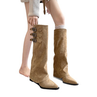 Bottines à bout pointu et talon plat avec plateforme cachée, bottes rétro à tige haute pour femmes, boucles de ceinture, automne/hiver, microfibre