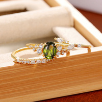 Nouveau ovale vert Olive cubique zircone anneaux 3 ensemble pour les femmes mariage en forme de feuille Design plaqué or bijoux de mode anneaux