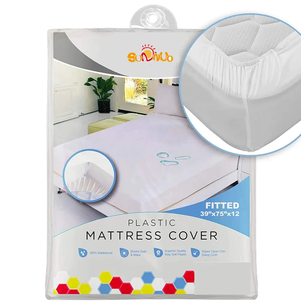 SUNNUO भारी शुल्क Vinyl प्लास्टिक बिस्तर सुरक्षात्मक सज्जित चादर आरामदायक निविड़ अंधकार गद्दा कवर के लिए जुड़वां आकार और चारपाई बेड