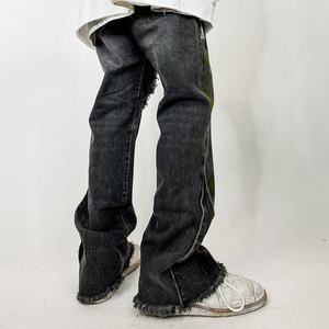 Custom Hand-Painted Vintage Distressed Ripped <b>Denim</b> Jeans - Men's Hip Hop Wide Leg Loose Fit Dirty Wash Flare <b>Trousers</b> - Product Image 2