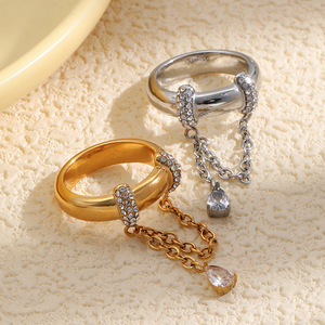 Anillo Colgante con Cadena y Lágrima de Circonita Cúbica, Chapado en Oro de 18K PVD, Hipoalergénico, de Acero Inoxidable, Anillo Decorativo para el Dedo - Product Image 5