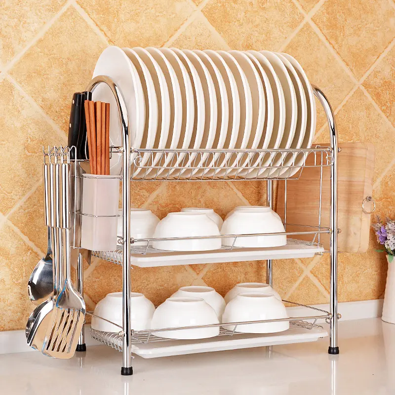 Drying 3 Tier Stainless Steel Metal Wire Dish Rack For Kitchen Organiz