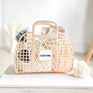 Personalized Retro Vintage foldable Plastic PVC Jelly basket Bag Beach Bag handbag Purse for Girls Women Party Favor Bags