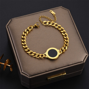 Chunky <b>Chain</b> Bracelet Gold Round Plaque <b>Titanium</b> Steel Unisex Jewelry Fashion Accessory - Product Image 1