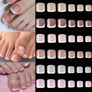 120 faux ongles de pieds carrés courts à presser, style French, couleur nude, en acrylique, réutilisables, à couverture complète, pour extension d'ongles de pieds - Product Image 2