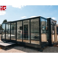 Entièrement mis à niveau personnalisé grain de bois luxe toboggan petites maisons verre modulaire prêt à l'emploi extensible conteneur maison grand-mère plat