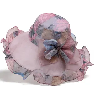 Bán buôn mùa hè Wedding hat có thể gập lại Packable UV bảo vệ nhà thờ mũ cho phụ nữ bãi biển lớn vành hoa Bow Organza mặt trời Mũ