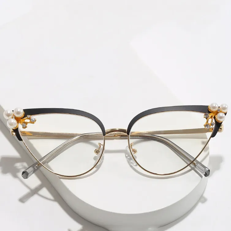 1206 Mode Cat Eye Frauen Luxus Perle Kristall Brille Rahmen Klar Anti-Blaulicht Brillen Männer Optischer Metallrahmen