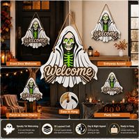 Décoration Suspendue Lumineuse en Bois pour Halloween, Panneau de Porte Multicouche Empilé avec Crâne et Fantôme, Lumineux pour Porche et Mur