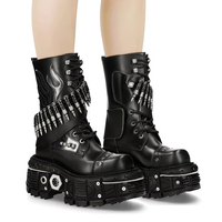 Bottes de Combat Plateforme Gothiques Punk - Bottes en Cuir Steampunk Heavy Metal avec Chaîne Balle et Motif Flamme pour Hommes et Femmes