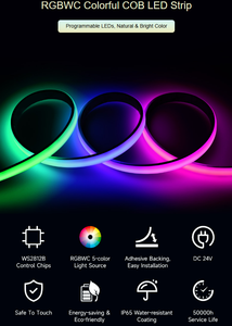 Bande LED COB RVBWC colorée, puces de contrôle WS2812B, protection IP65, bande LED programmable, longueur de bande LED de 1 m ou 5 m - Product Image 2