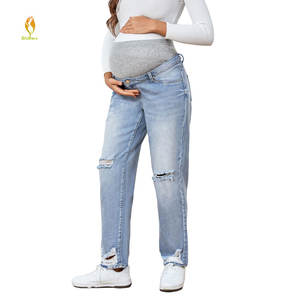 Pantalones vaqueros de maternidad, pantalones vaqueros de maternidad ajustados con inserción lateral desgastada azul para mujeres embarazadas de talla grande - Product Image 1