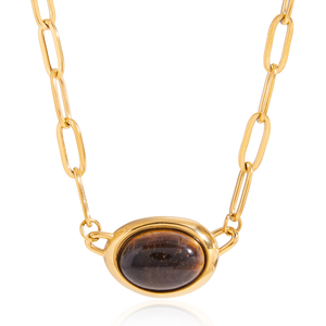Collar J&D de Acero Inoxidable con Baño de Oro PVD de 18K, Collar Clásico Vintage con Cadena de Clip y Piedra de Ojo de Tigre - Product Image 6