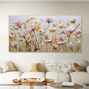 Art mural encadré de <span class=keywords><strong>fleurs</strong></span>, abstrait, texturé en 3D, peinture à l'huile faite à la main, décoration de salon, peinture décorative florale colorée rose sur toile - Product Image 5
