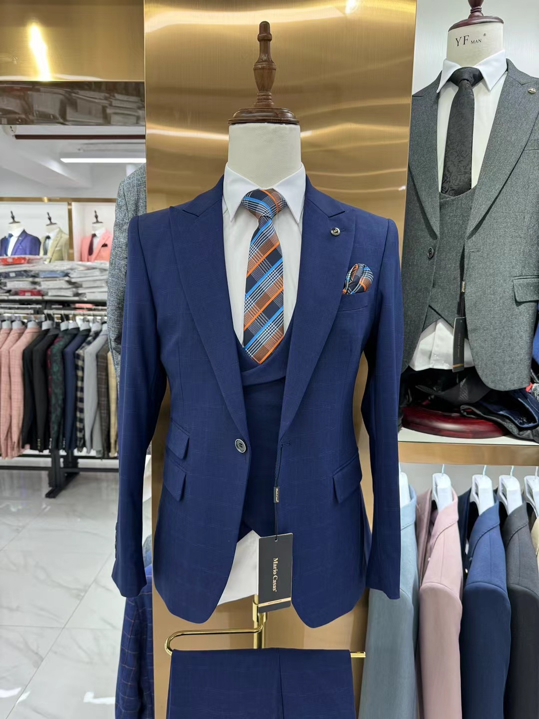 Blue-3pcs/set-Jacket + vest + pants