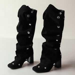 Bottes longues en jean pour femme, à rivets métalliques, tige plissée, talons épais, bout carré, grande taille 48, coupe large, hauteur genou - Product Image 5