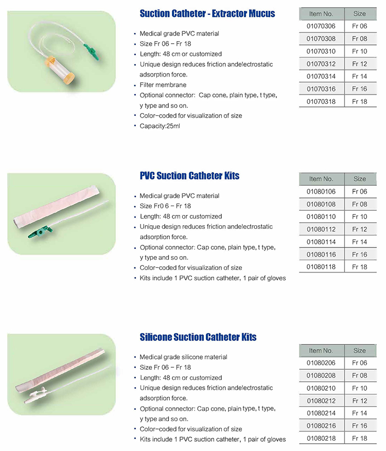 Diferentes tamaños de catéter de succión de esputo Fr 06- Fr 18 de 48 cm extractor de moco estéril médico