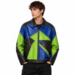 Chaqueta de Motero de Cuero Genuino con Tachuelas para Hombre OEM, Diseño Personalizado con Bloques de Color, Piel de Cordero Brillante, Ropa Exterior Moto para Estilo Punk Urbano, Venta al por Mayor - Product Image 1