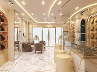 Ensemble de vitrines de présentation de bijoux en marbre et or haut de gamme, solution complète de mobilier d'intérieur pour boutique de détail