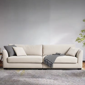 Canapé modulaire sectionnel en forme de L, capitonné, pour hôtel, appartement moderne ou villa, avec tissu en lin blanc, beige crème et pieds en bois - Product Image 2