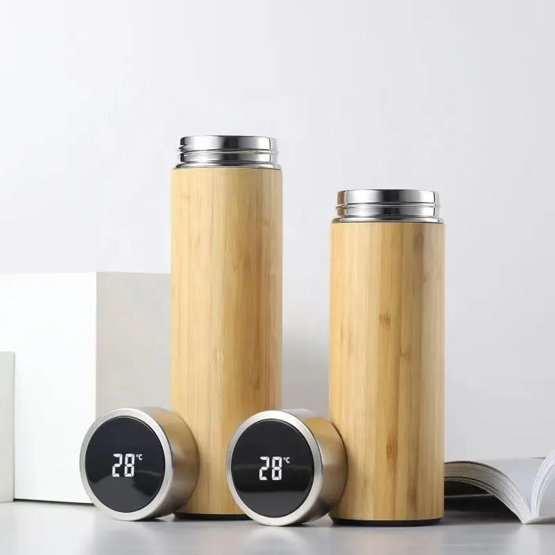 Eco-friendly Custom Wooden Double Wall Stainless Steel Vacuum Insulated Smart Water Bottle Bamboo