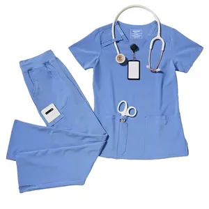 2024 baru ditingkatkan kain elastisitas spandeks Rayon poliester lengan pendek leher V wanita Set Scrub seragam Bedah Rumah Sakit