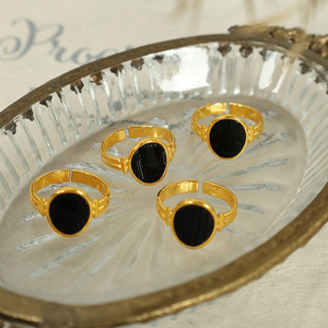 European Style <b>Titanium</b> Steel <b>Ring</b> Gold Black Water Drop Shape Bezel Setting Open Adjustable Unisex Jewelry Gift - Product Image 2