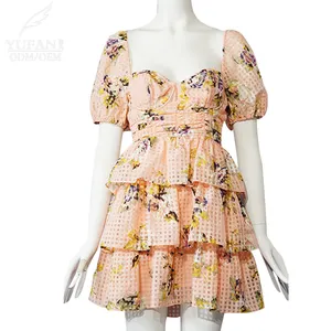 YuFan Custom Women's Fashion Square Neck Floral Dress Layered Ruffle Casual Dress Summer Cute Elegant Dress