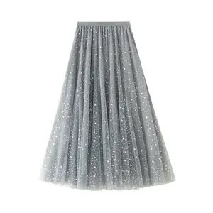 Sweet Embroidered Pleated Tulle Skirt Women Summer A Line Long Skirts High Waist Sequined Mesh Maxi Skirts