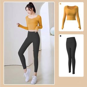 Vente en gros de 2 pièces de vêtements de sport pour femmes, ensemble de yoga à manches longues et leggings taille haute sans couture, séchage rapide, pour la salle de sport et la remise en forme - Product Image 6