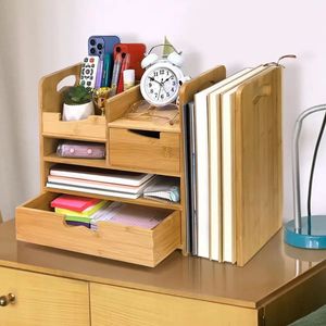 Wooden office desk <b>storage</b> rack with adjustable <b>file</b> holders and drawers, multi-tiered mail organizer. - Product Image 1
