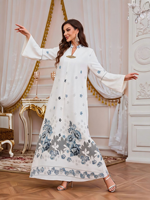 Robe longue décontractée musulmane à col montant, imprimé floral, broche en strass, manches longues, coupe modeste