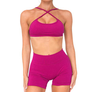 Ensemble de yoga sans couture transfrontalier, col en V, leggings taille haute, 2 pièces, couleur unie, tenue de fitness pour femmes, course en plein air, sport - Product Image 2