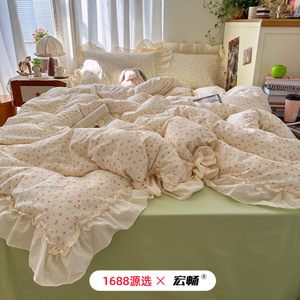 Korean Style All Cotton Twill Lace <b>Bedding</b> <b>Set</b> Floral Print Princess Soft Skin Friendly Breathable Four Seasons Duvet Cover <b>Set</b> - Product Image 2
