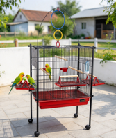 Cage de transport pour perroquets, design triplex, métal, rectangulaire, noir/rouge