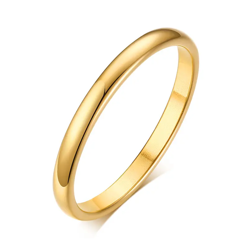 Anillo de banda lisa de acero inoxidable pulido alto chapado en oro de 18 quilates de alta calidad, anillos de compromiso finos de 2Mm para parejas