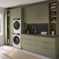 Meubles complets pour buanderie avec lave-linge et sèche-linge superposés, évier, tiroirs et rangements hauts