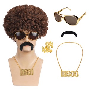 Disfraz de Hombre Estilo Hippie Rocker de los 70 y 80, Camisa Retro Disco, Peluca Rizada, Collar Dorado, Gafas de Sol Funky, Anillo, 6 Piezas, YTHC-029 - Product Image 6
